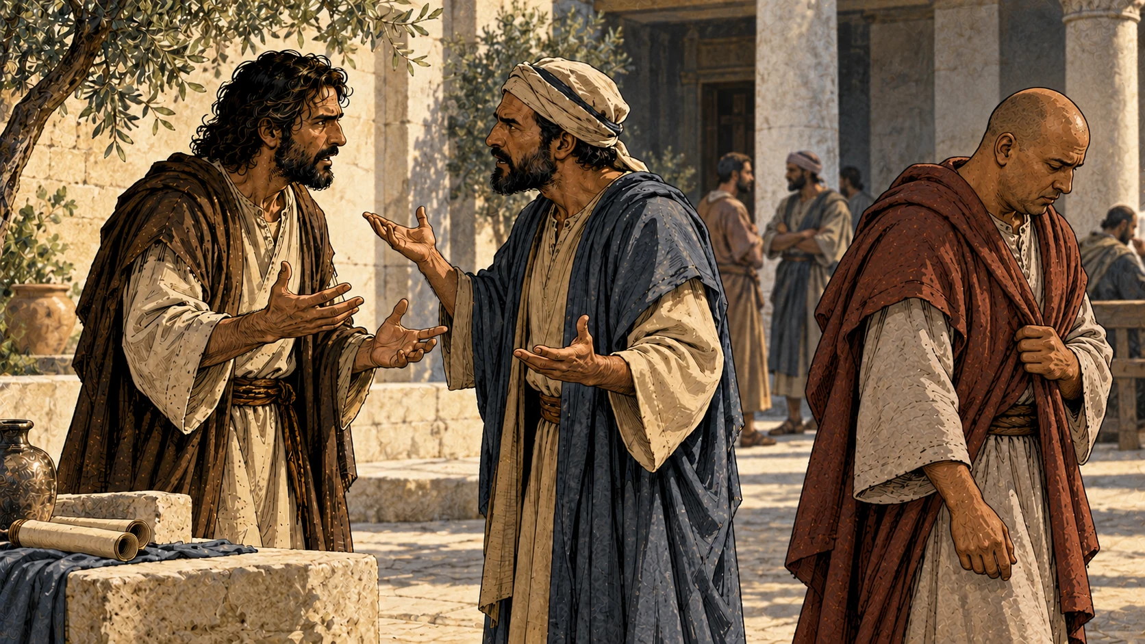 Two anonymous adults gesture in a tense courtyard exchange while a shaved-headed listener in a reddish-brown mantle withdraws, downcast.
