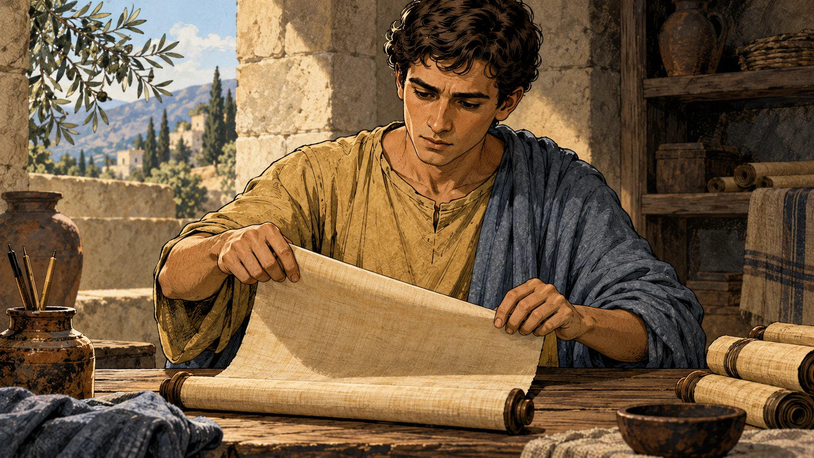 Timothy carefully holds open the blank underside of a scroll on a work table, his attention fixed on the papyrus.