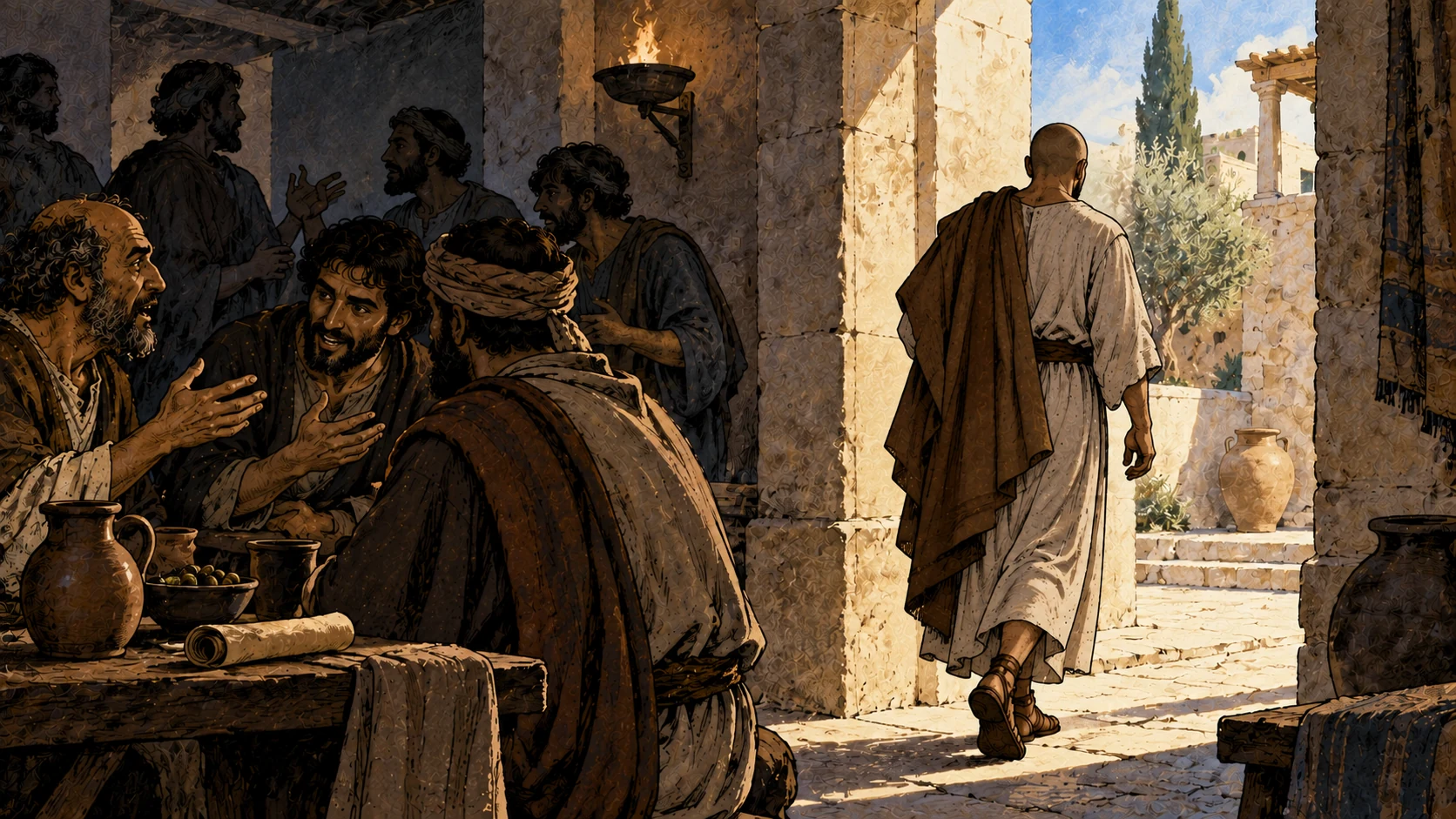 A shaved-headed anonymous adult in a brown mantle walks out toward daylight while a shadowed gathering talks behind him.