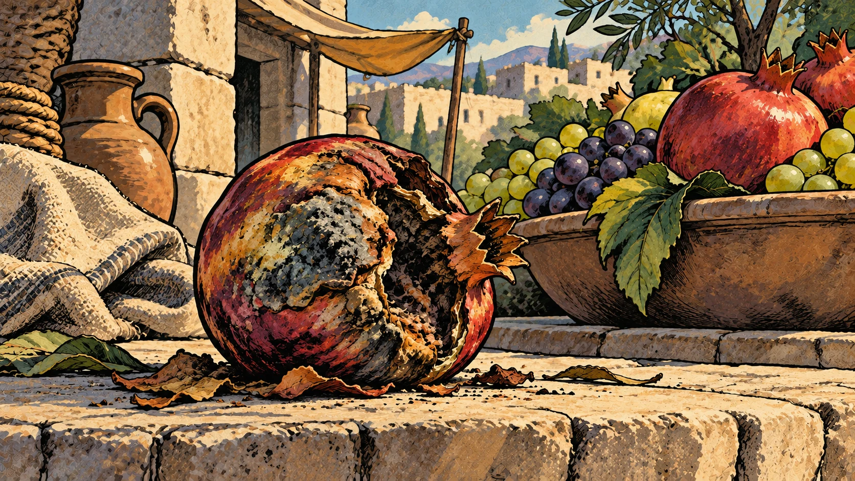 A decaying pomegranate rests apart from a bowl of sound fruit, with dark rot spreading across its split skin.