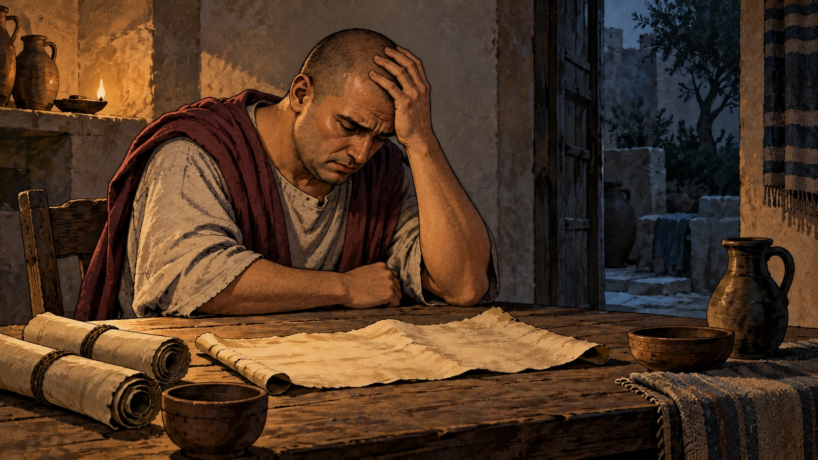 A shaved-headed anonymous adult in a burgundy mantle bends over disordered blank papyrus with a hand against the forehead.