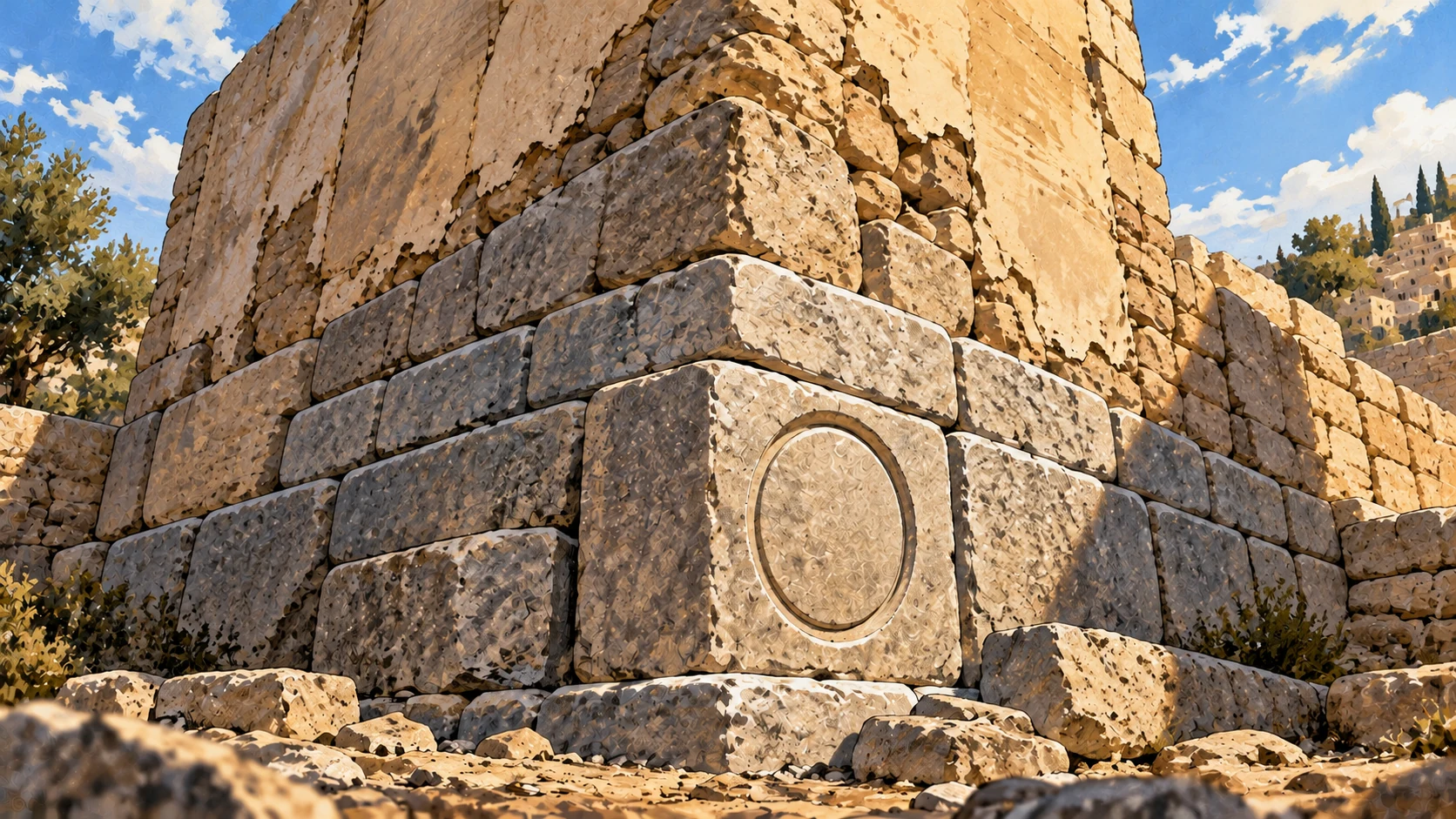 Large firm foundation stones support weathered walls, with an unlettered circular seal-like inset near the corner.