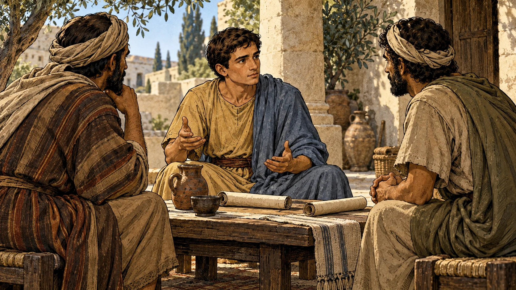 Timothy gestures calmly across a low courtyard table toward two anonymous adult learners, with rolled scrolls between them.