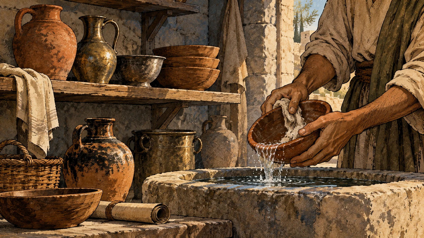 Anonymous hands wash an earthenware bowl above a stone basin beside shelves of clay, wood and metal vessels.