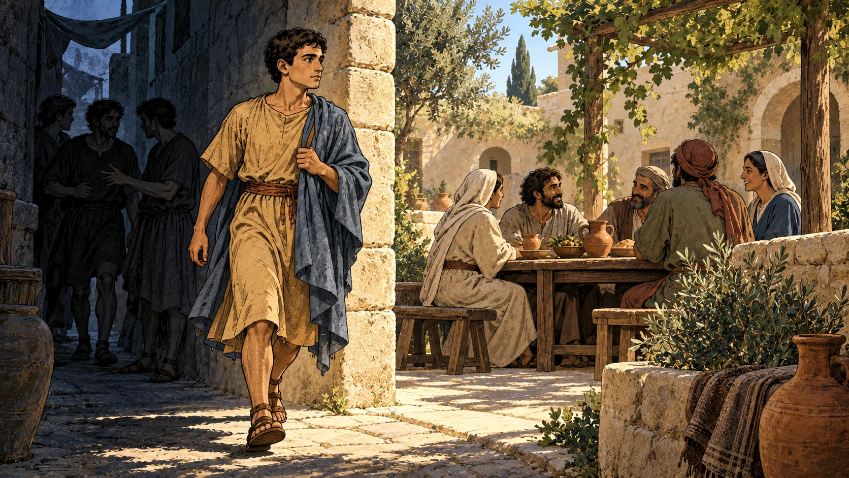 Timothy steps from a shadowed lane toward a bright courtyard where anonymous adults share a peaceful table.