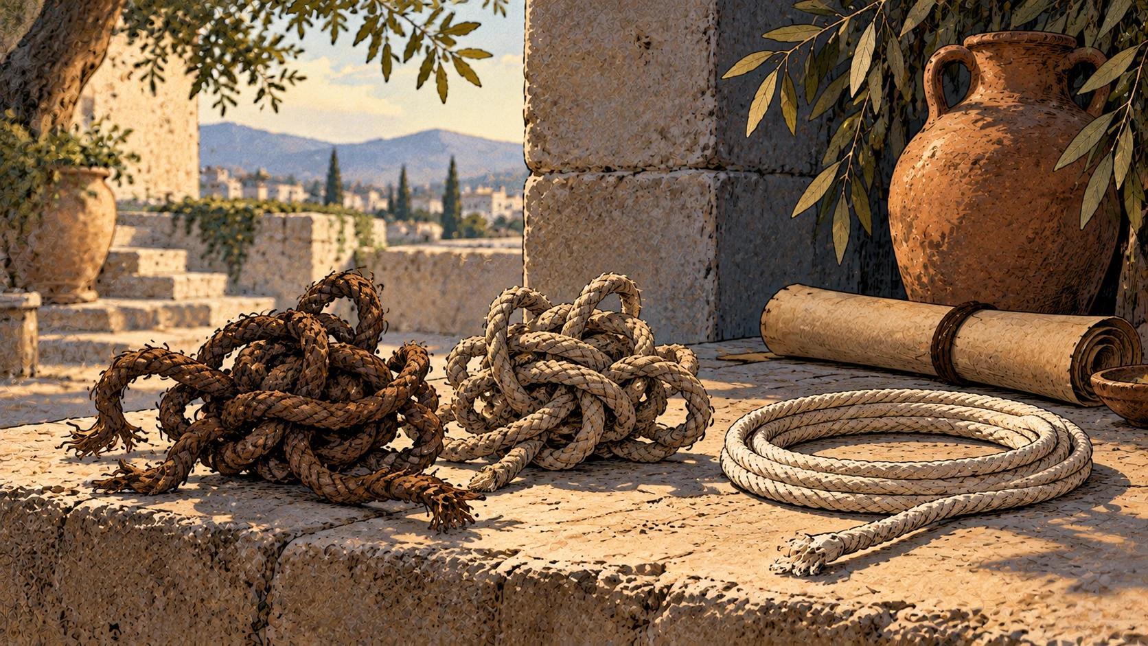 Two tangled cords rest on pale stone beside a clean untangled coil, with a rolled scroll and clay jug beyond.