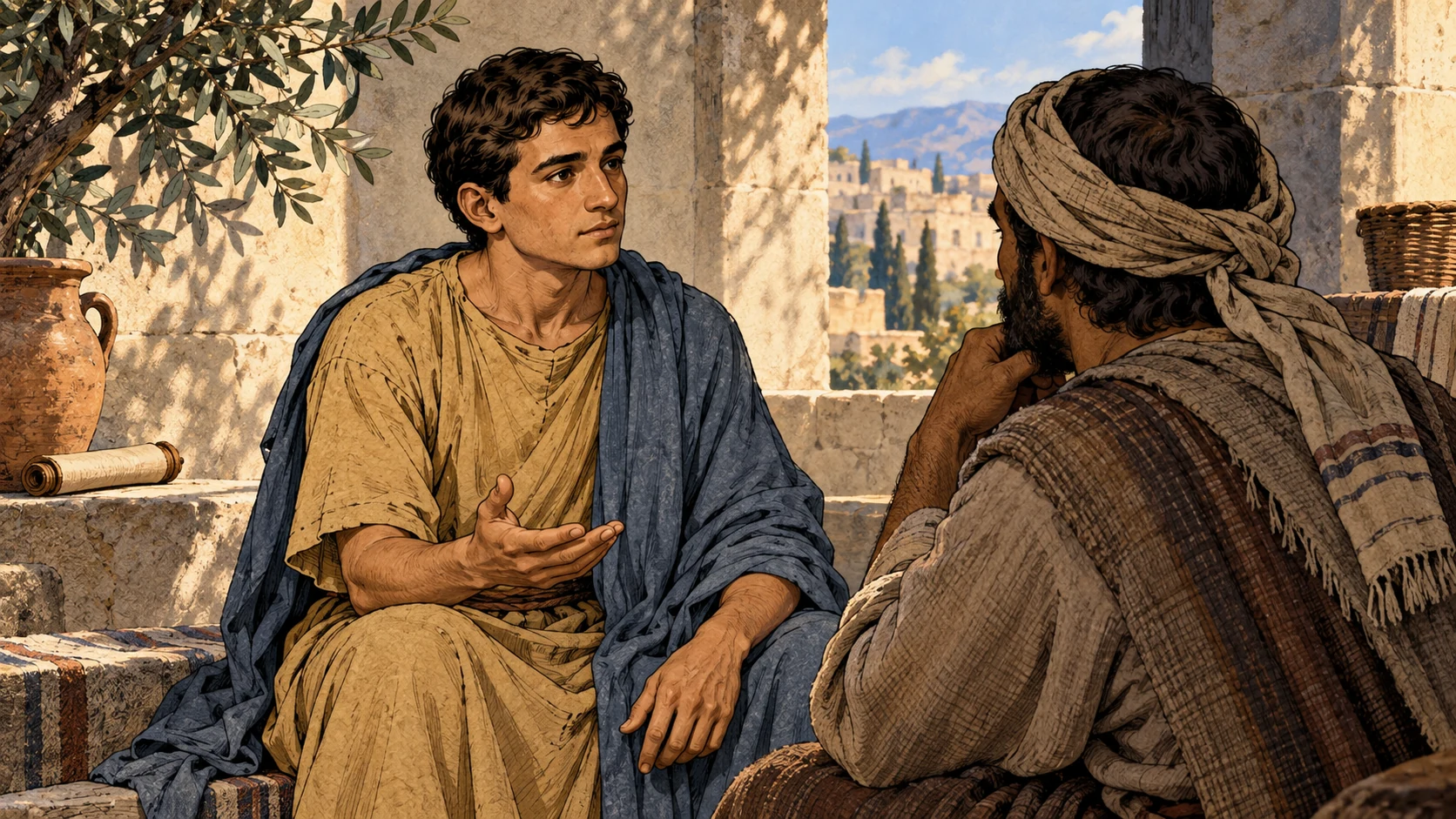 Timothy speaks with a relaxed open hand at eye level with a head-covered anonymous listener in a courtyard.