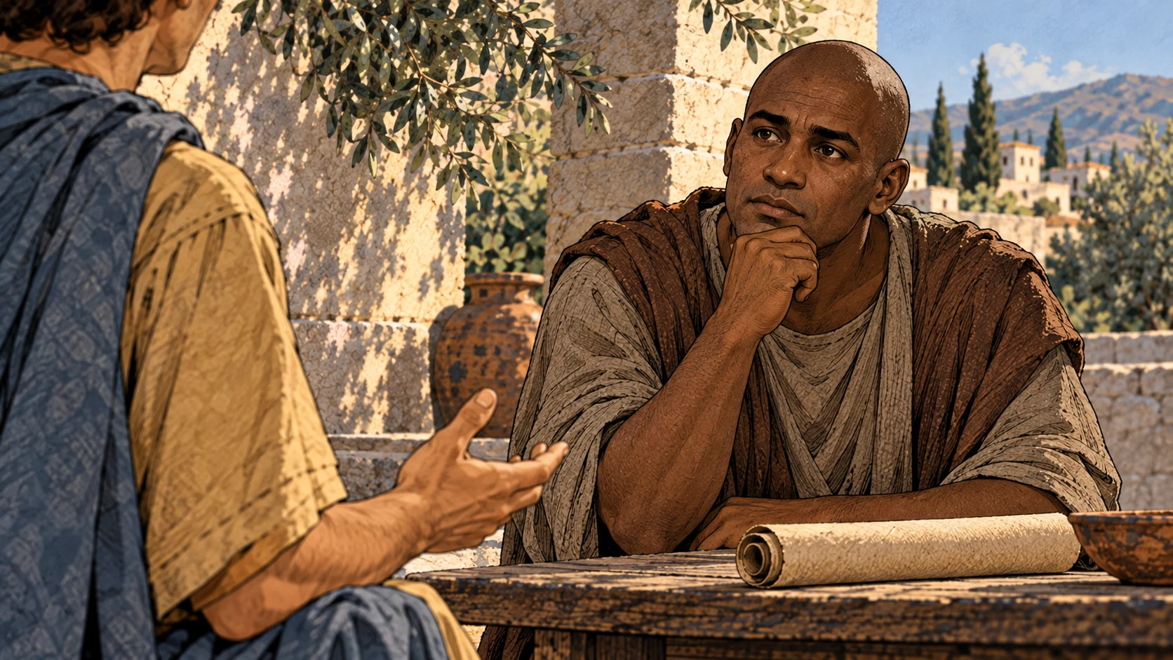 An anonymous shaved-headed listener rests a hand beneath the chin, seen across the table past the edge of Timothy's ochre sleeve and slate mantle.