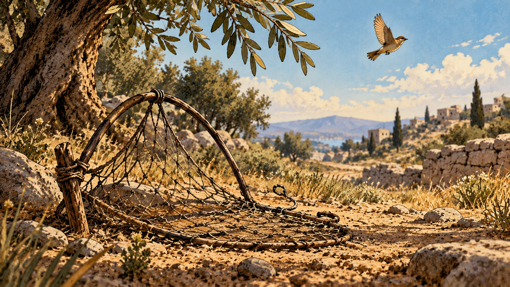 An empty open bird snare lies beneath an olive tree while a small bird flies into daylight.