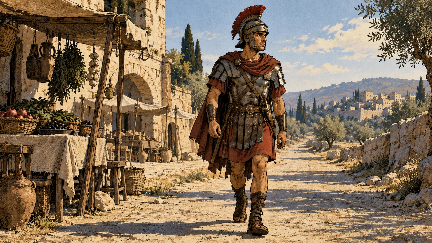 An anonymous soldier walks along a sunlit road past unattended market stalls, wearing armor and carrying a sheathed sword.