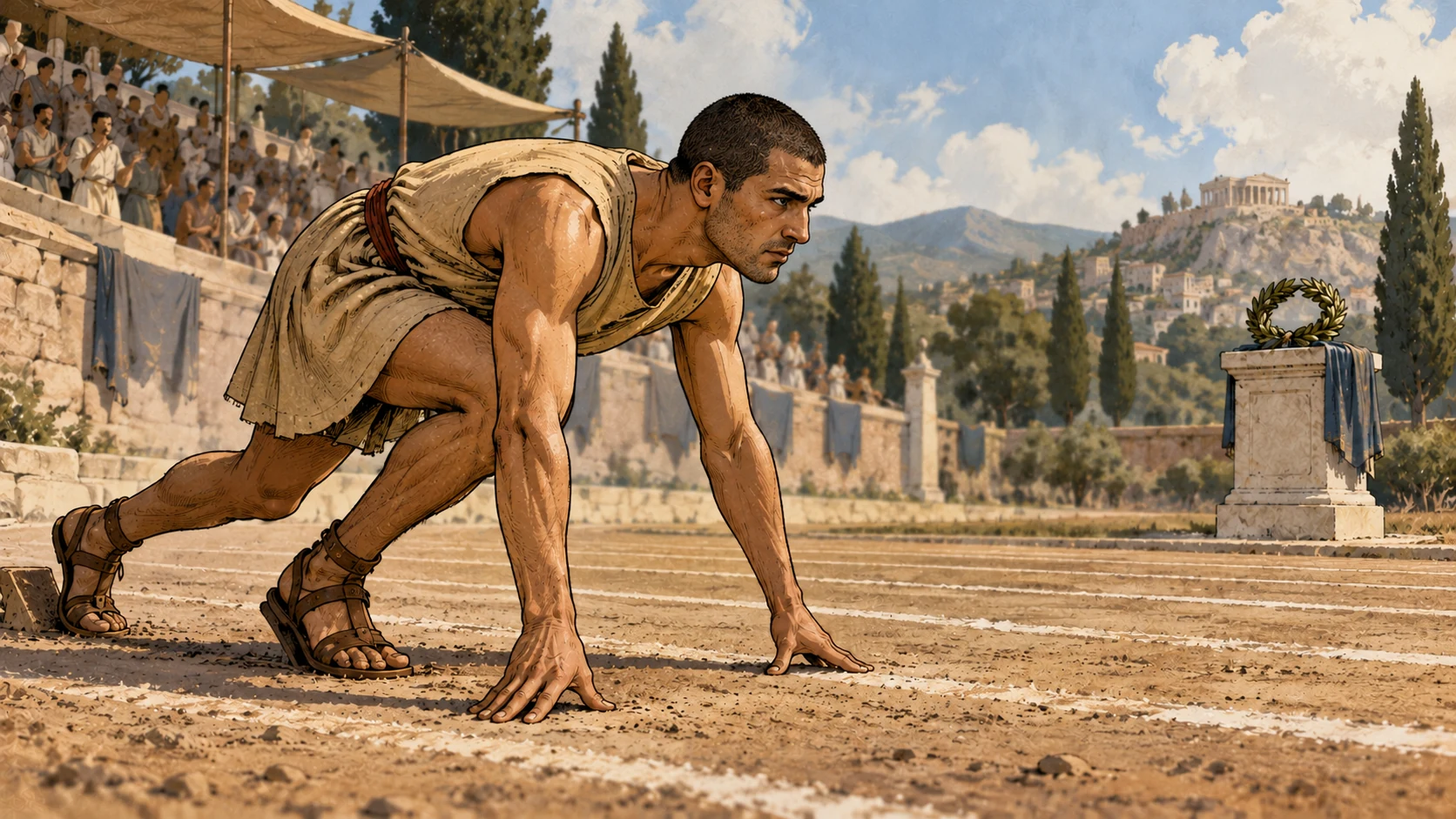 An anonymous athlete with closely cropped hair crouches at a dirt track's starting line, with an unawarded wreath on a pedestal beyond.