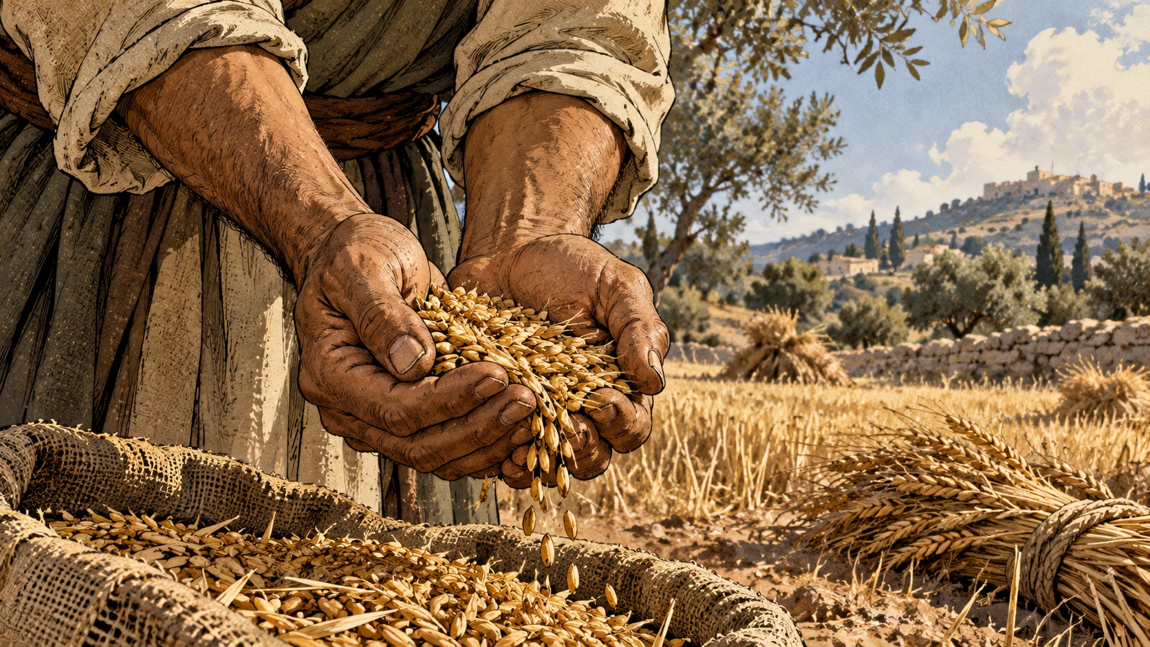 A farmer's rough hands cup golden grain above a sack, with harvested sheaves and a field beyond.