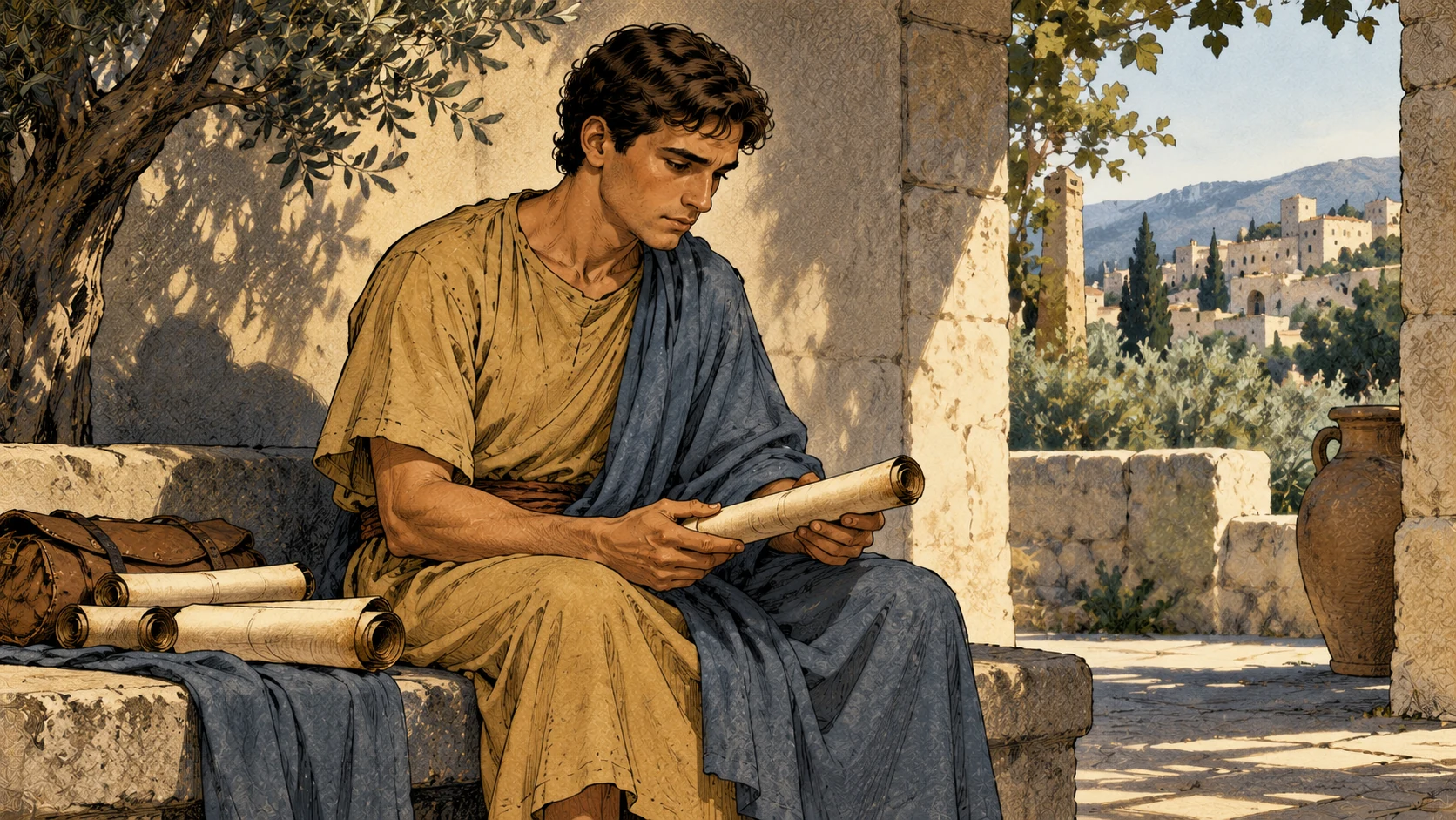 Timothy looks thoughtfully at a rolled scroll held in both hands while seated on a shaded stone bench.