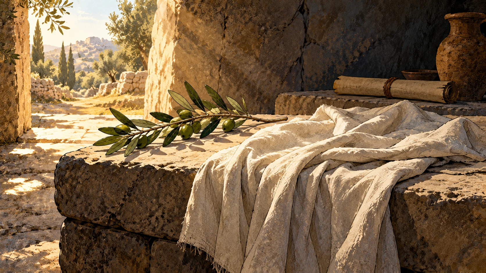 A living olive branch rests beside loose pale linen on a stone surface in morning light.