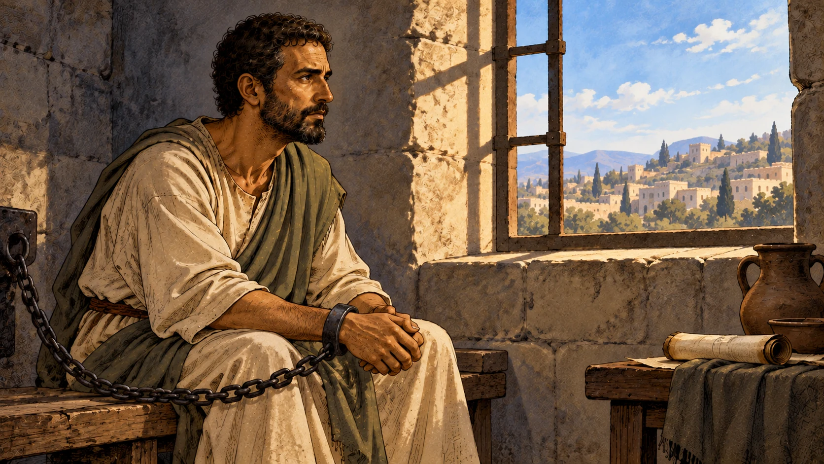 Paul sits in profile with an intact wrist shackle and chain beside an open window onto a sunlit anonymous town.
