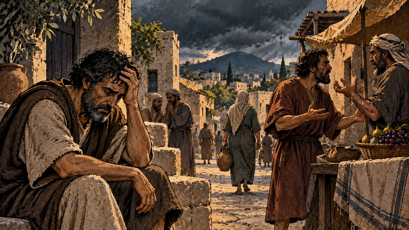Anonymous villagers move through a weather-darkened street; an older adult sits worried while two others exchange tense gestures.