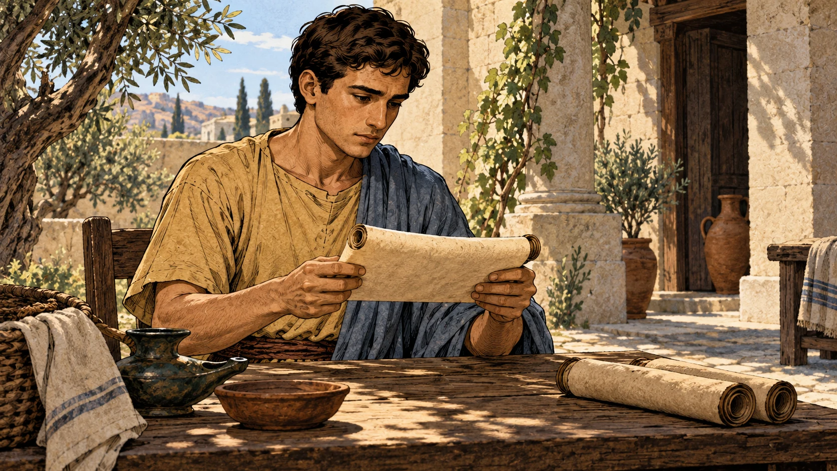 Timothy attends closely to a partially unrolled papyrus at an orderly courtyard table; its visible underside is blank.