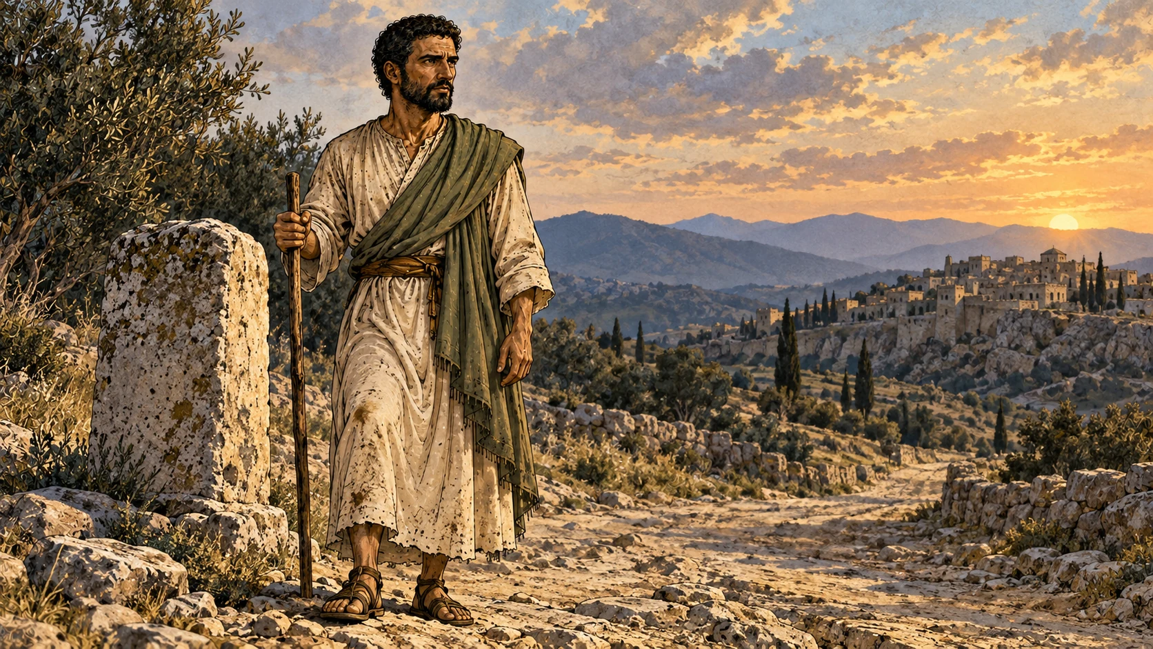 Paul stands resolved beside a weathered milestone on a rough road, holding a walking staff and wearing worn sandals.
