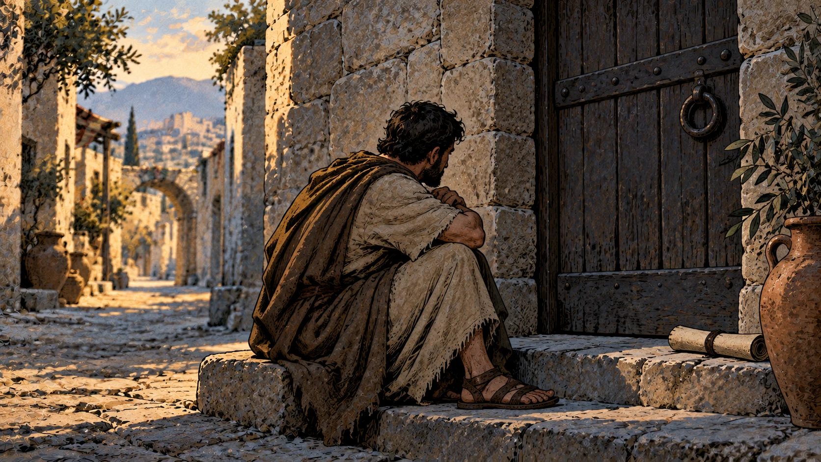 An anonymous adult sits alone in shadow before a closed heavy door while a narrow street continues into daylight.