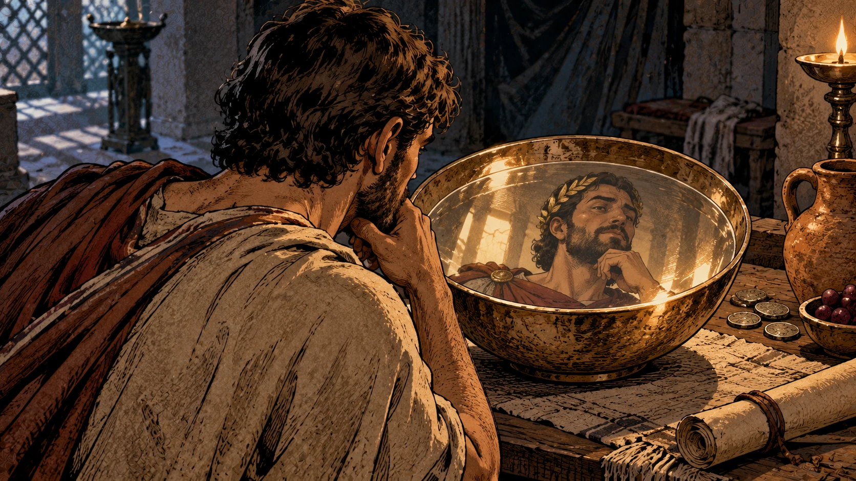 An anonymous adult looks into a polished metal bowl that shows an idealized laurel-crowned reflection.