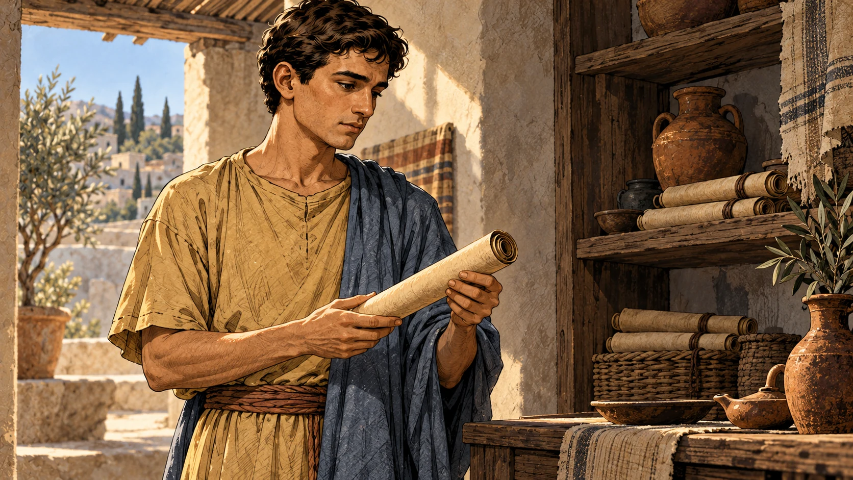 Timothy holds an old rolled papyrus beside a simple household shelf in warm light.