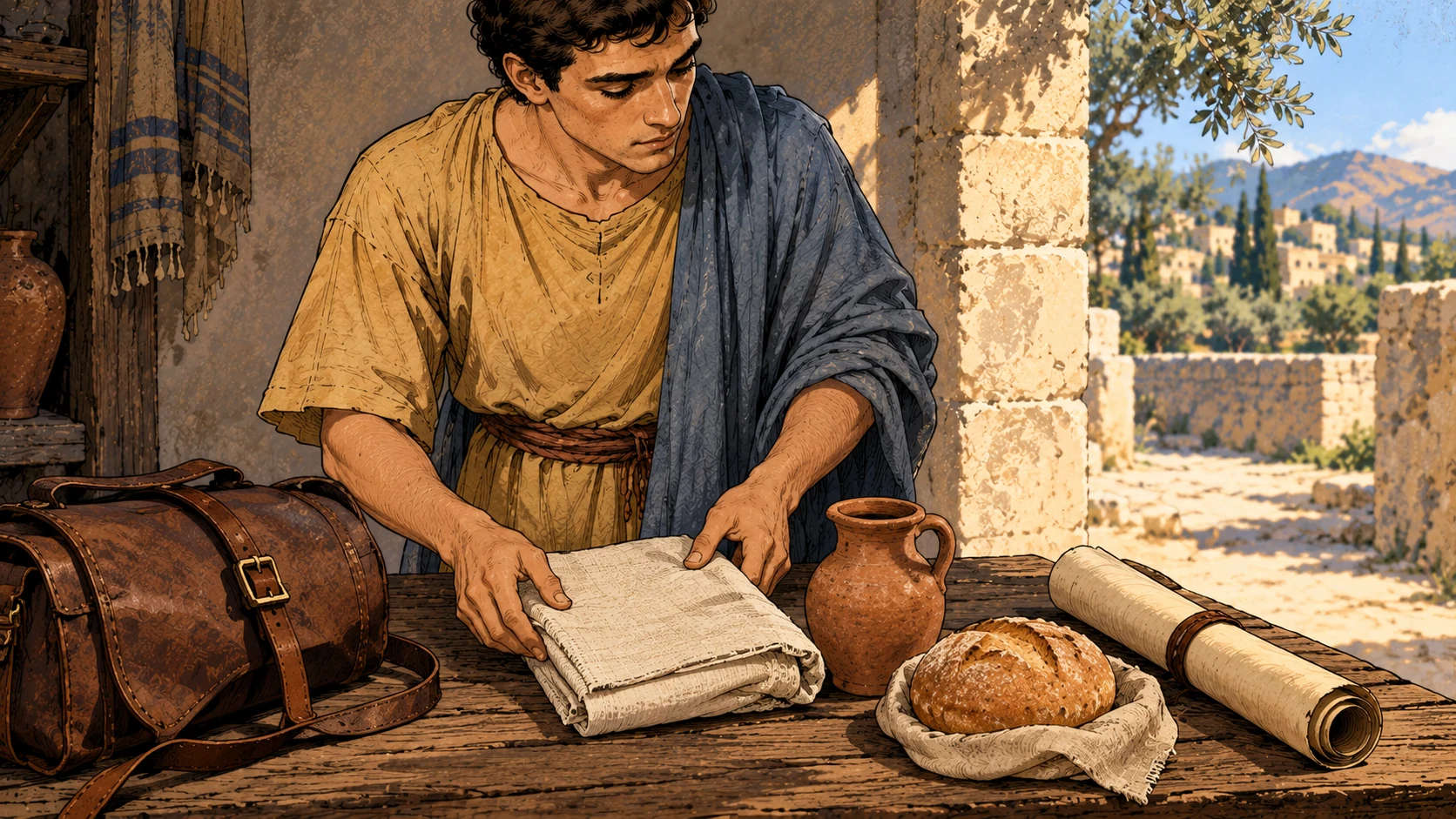 Timothy folds linen beside bread, a water jug, a travel bag, and rolled papyrus at a sunlit table.