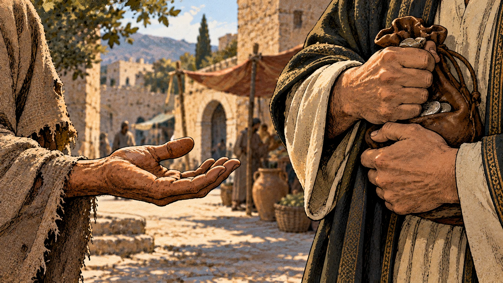 Anonymous hands clutch a purse of coins while an outstretched empty hand receives no response.