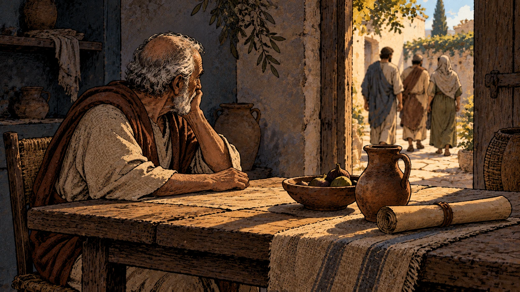 An anonymous older adult sits alone at a household table, watching three figures walk away through the doorway.