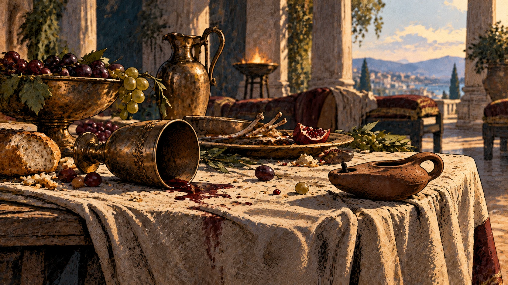Banquet leftovers, a toppled metal cup and spilled wine cover an ornate table beside an unlit plain oil lamp.