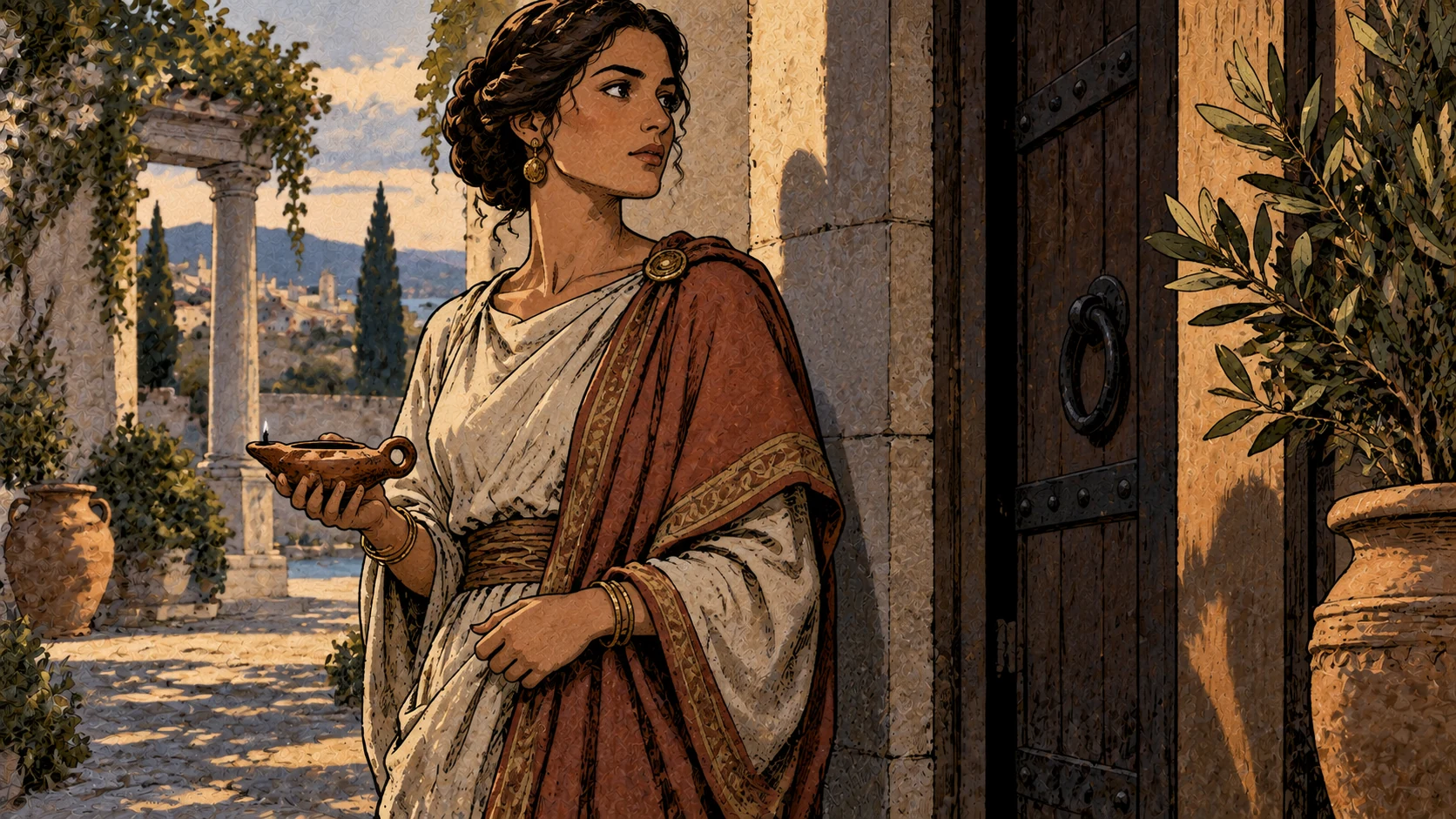 An anonymous adult in ornamented clothing stands at a household threshold holding a plain unlit oil lamp.