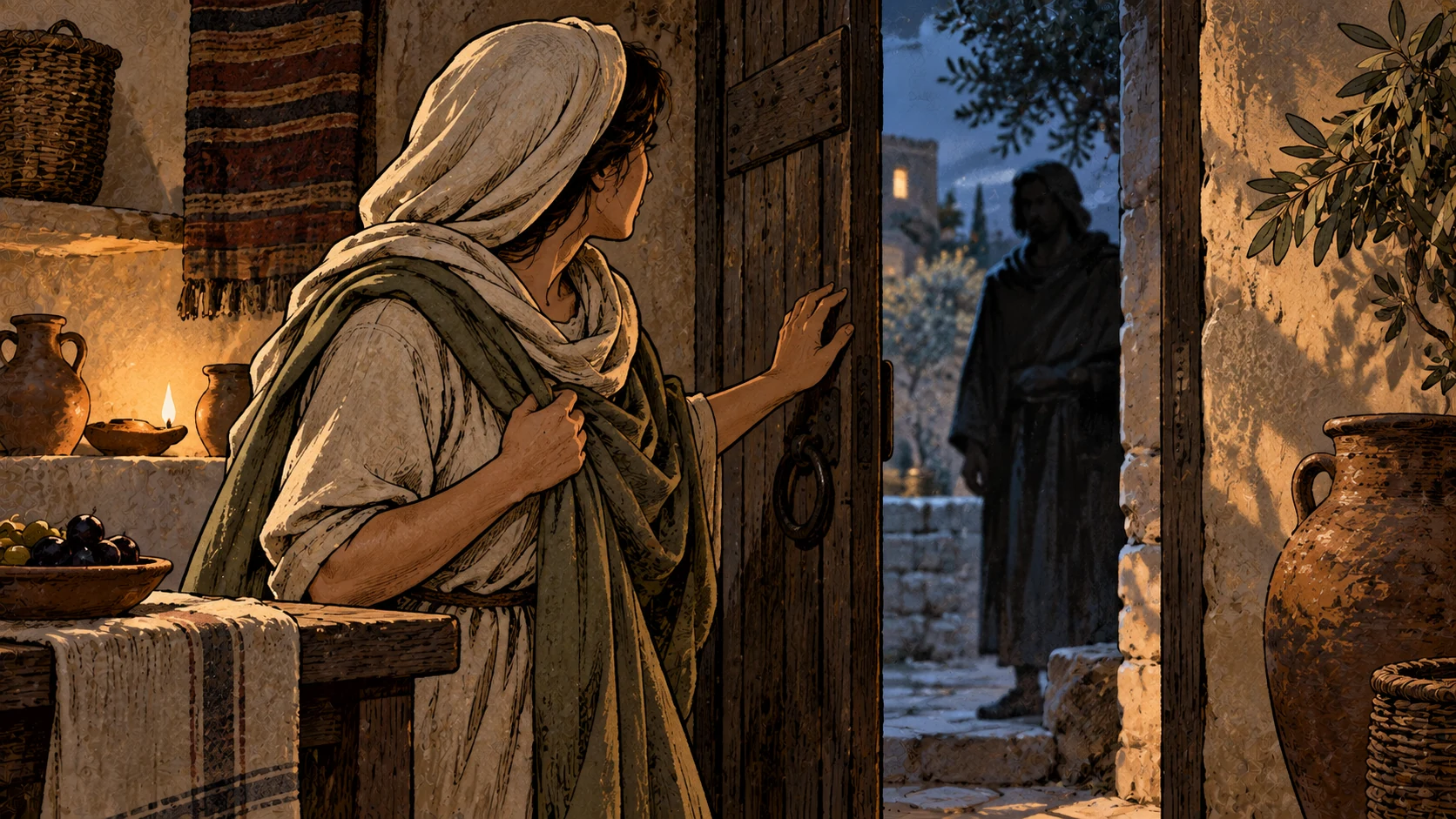 A head-covered anonymous woman guards a partly open household doorway, with an indistinct adult shadow outside.