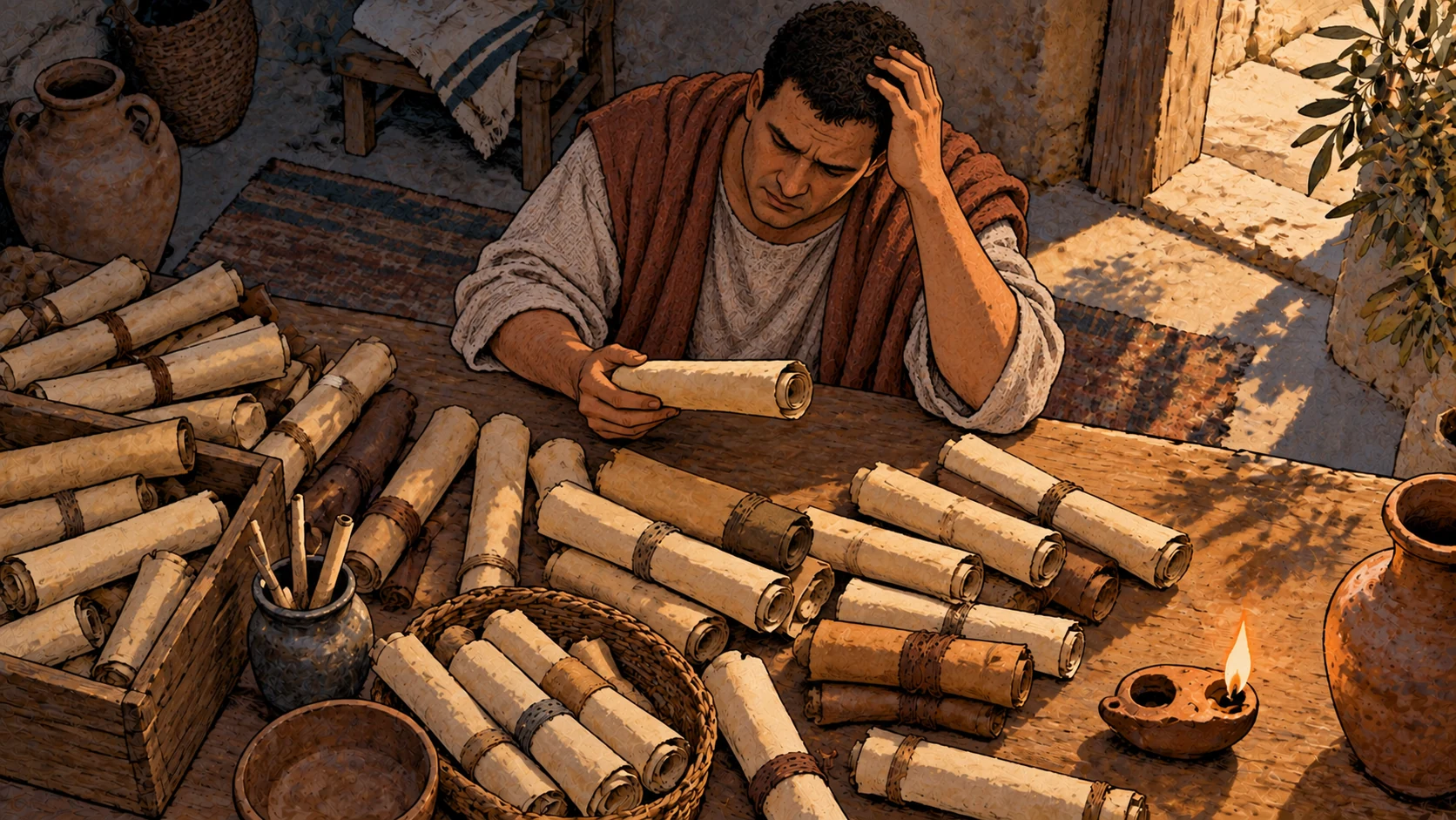 An anonymous adult holds a rolled papyrus and rests a hand on the head amid baskets of unlettered scrolls.