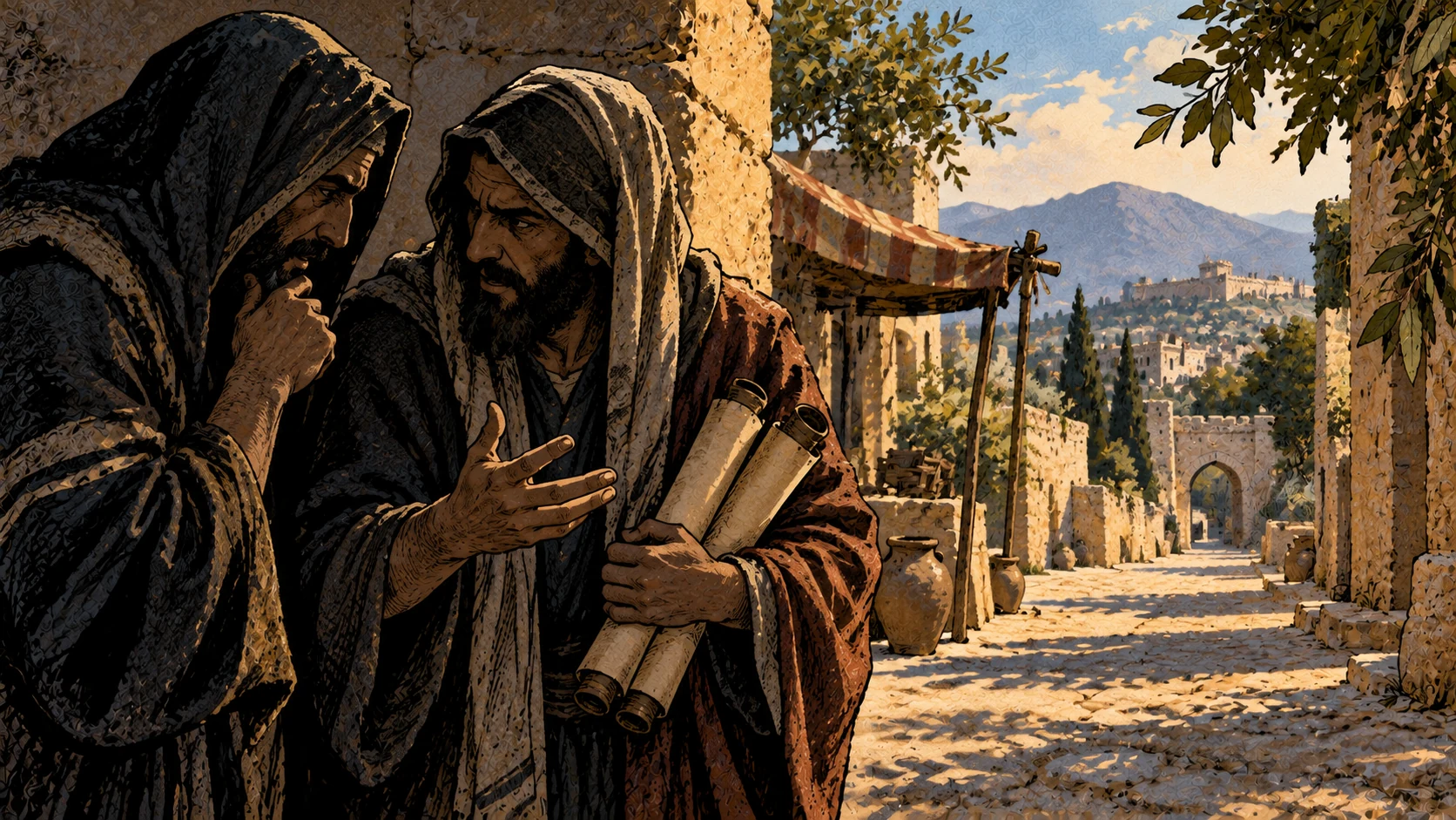 Two shadowed anonymous hooded adults stand beside a clear sunlit road, one holding rolled scrolls.