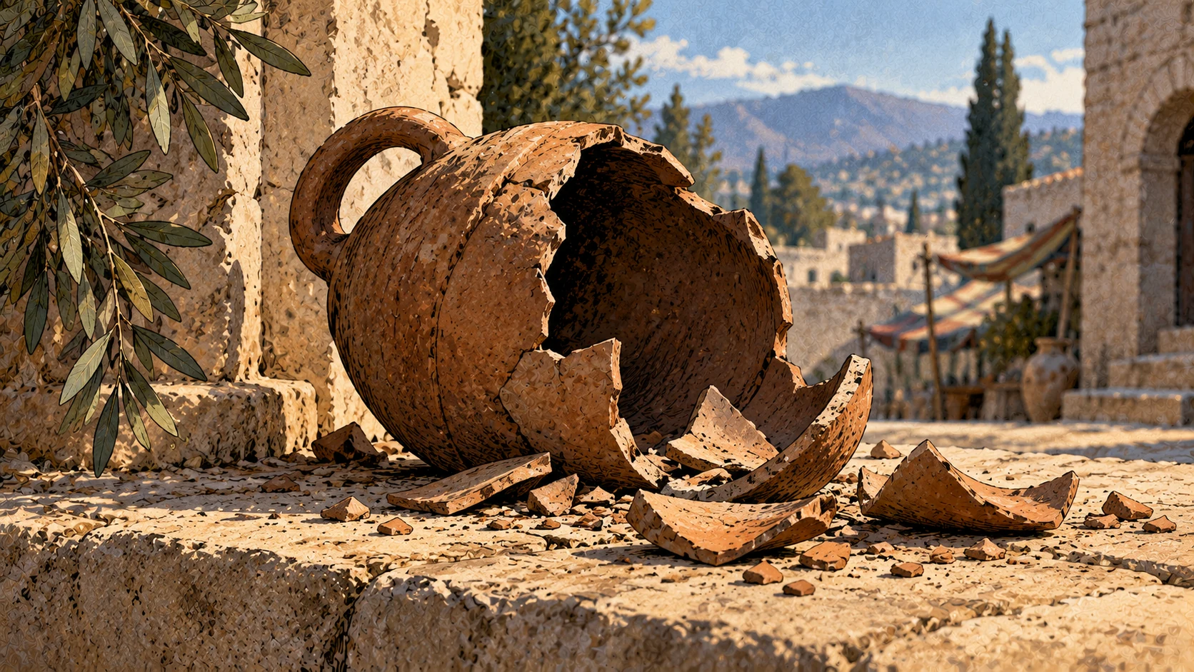 A broken clay vessel exposes its hollow interior in daylight, with brittle fragments scattered in front.