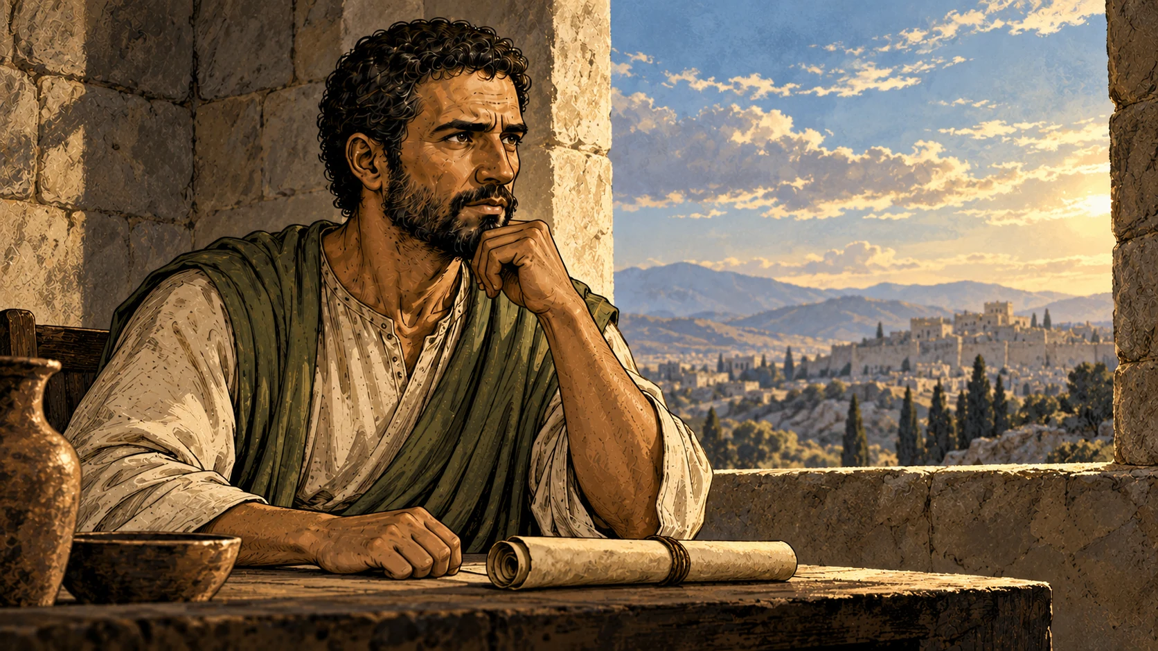 Paul sits thoughtfully beside a rolled letter beneath a broad sky seen through a stone window.