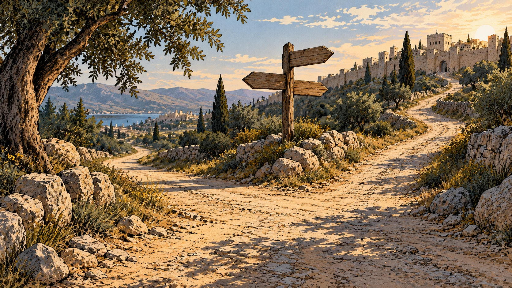 Several paths diverge beside an unlettered wooden signpost outside a stone city.
