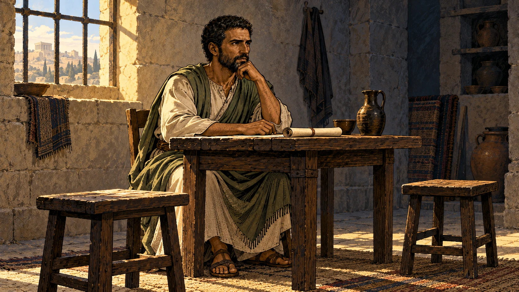 Paul sits at a table with a rolled letter between two unoccupied stools.
