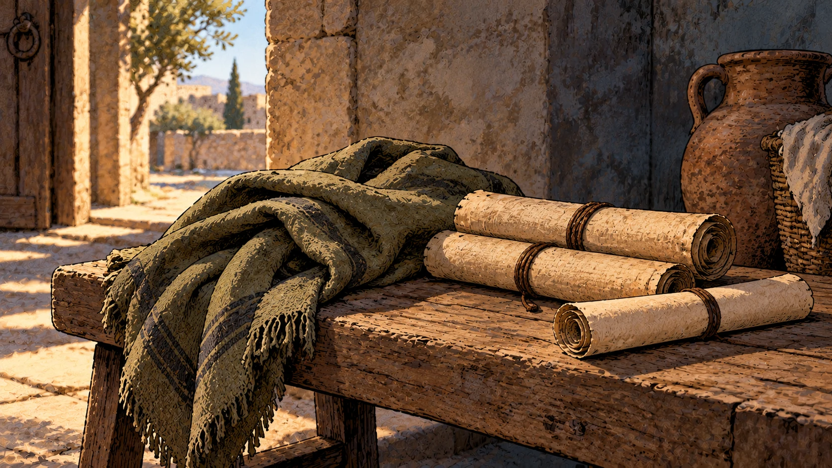 A folded wool cloak and tied rolls of papyrus lie on a wooden bench.