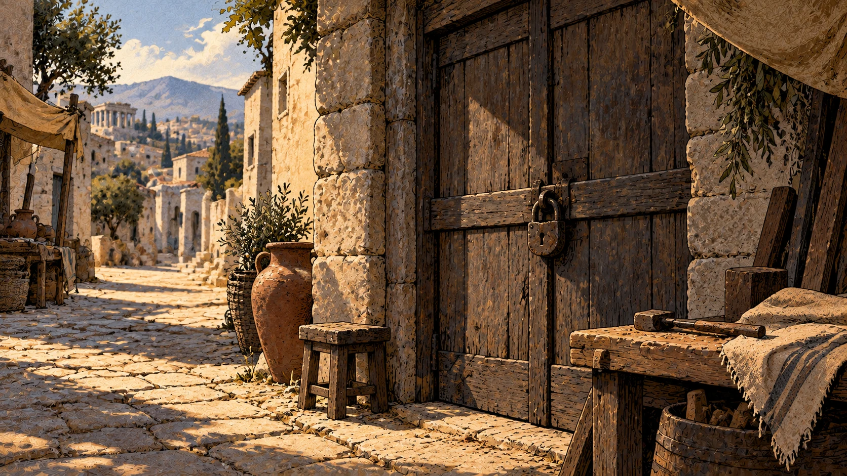 A closed wooden workshop door faces an empty stone street with a sunlit path passing beside it.