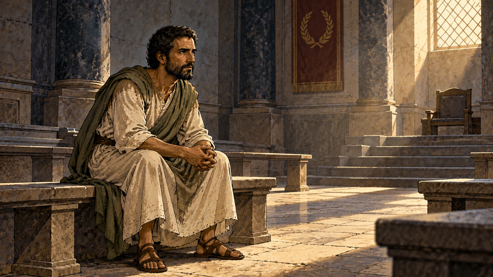 Paul sits alone among empty stone benches in a civic chamber, hands clasped and gaze steady.