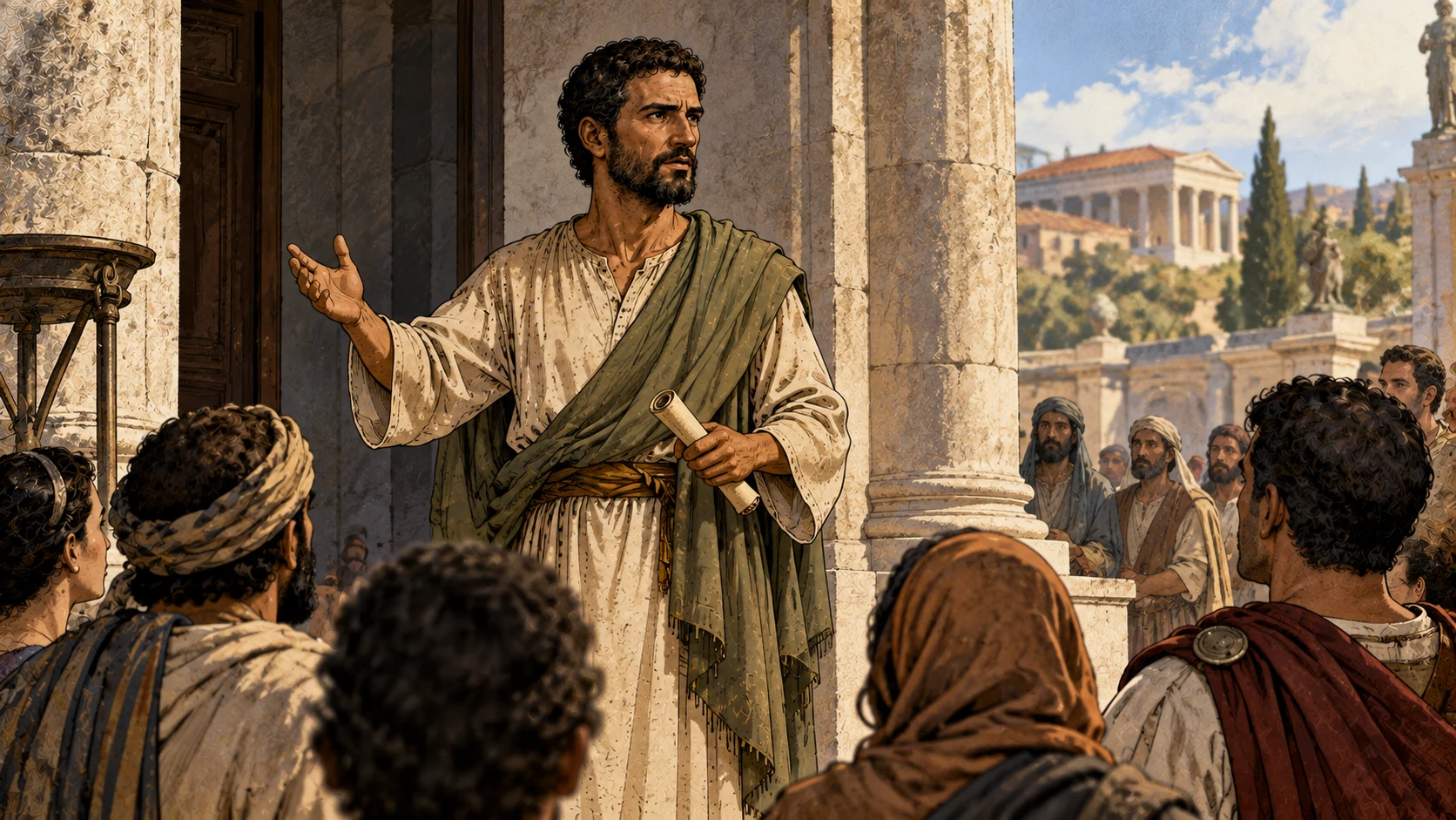 Paul holds a rolled papyrus and raises an open hand toward anonymous hearers beside a civic doorway.