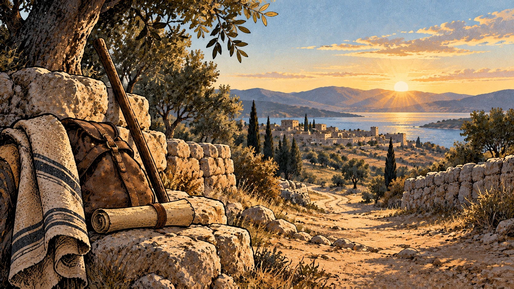 A rocky road descends toward a bright dawn horizon beside a travel bag, staff, and rolled papyrus.