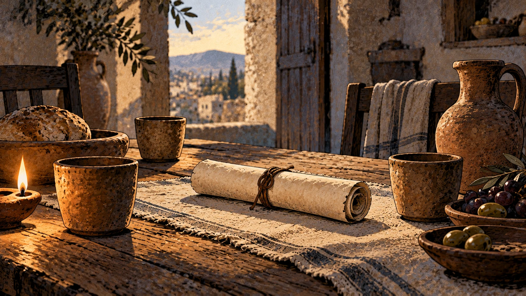A rolled letter lies at the center of a household table surrounded by cups, bread, fruit, and lamplight.