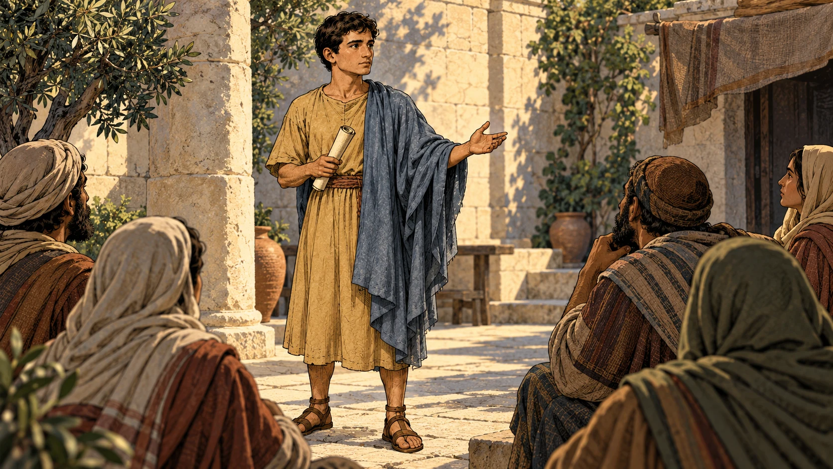 Timothy holds a rolled scroll and extends an open hand toward anonymous adults in a courtyard.