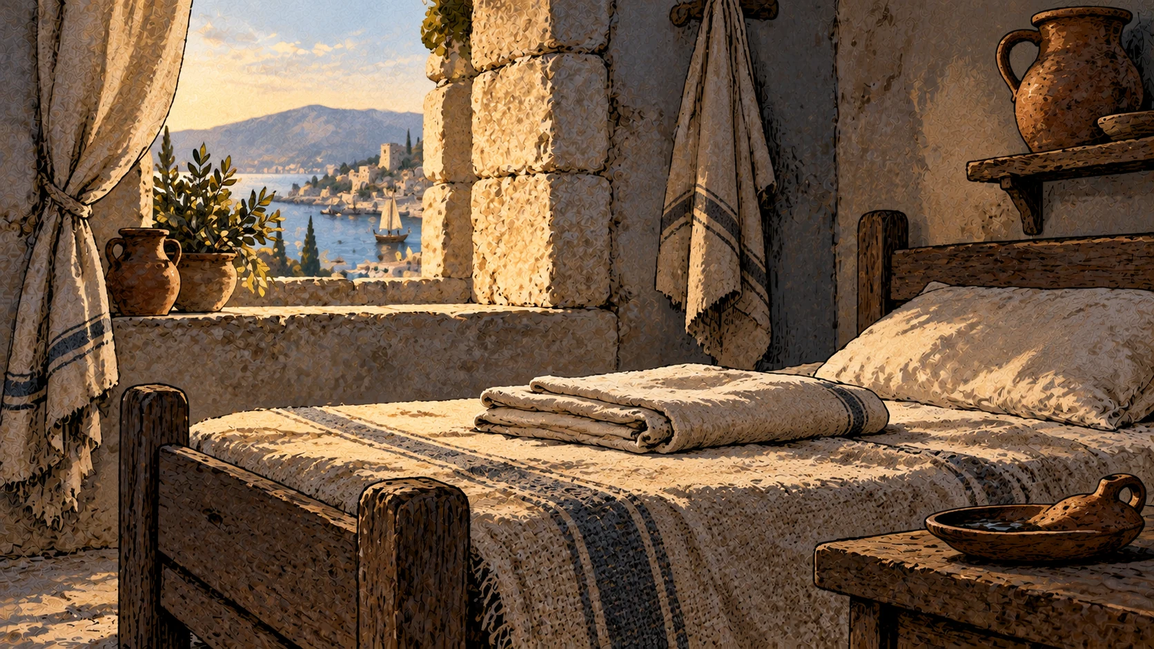 Folded linen rests on an empty wooden bed beside a window overlooking a harbor.