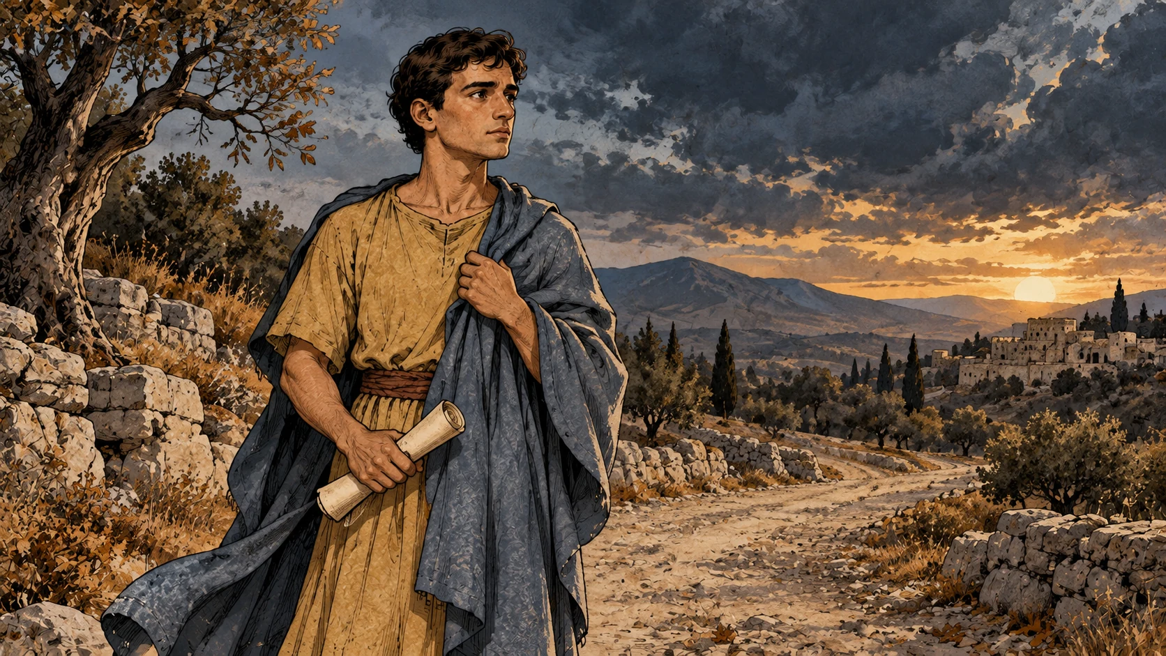 Timothy holds his mantle close and carries a rolled letter beside a windswept autumn road.