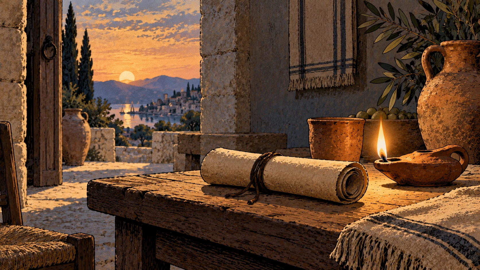 A steady oil lamp and rolled letter rest on a low table at dusk beside an open doorway.