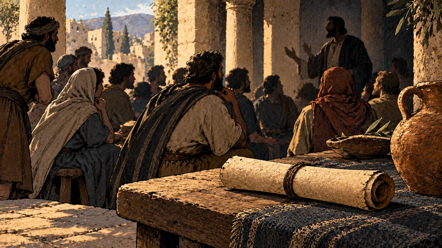 Anonymous adults listen to a shadowed speaker while an unattended rolled scroll lies in the foreground.