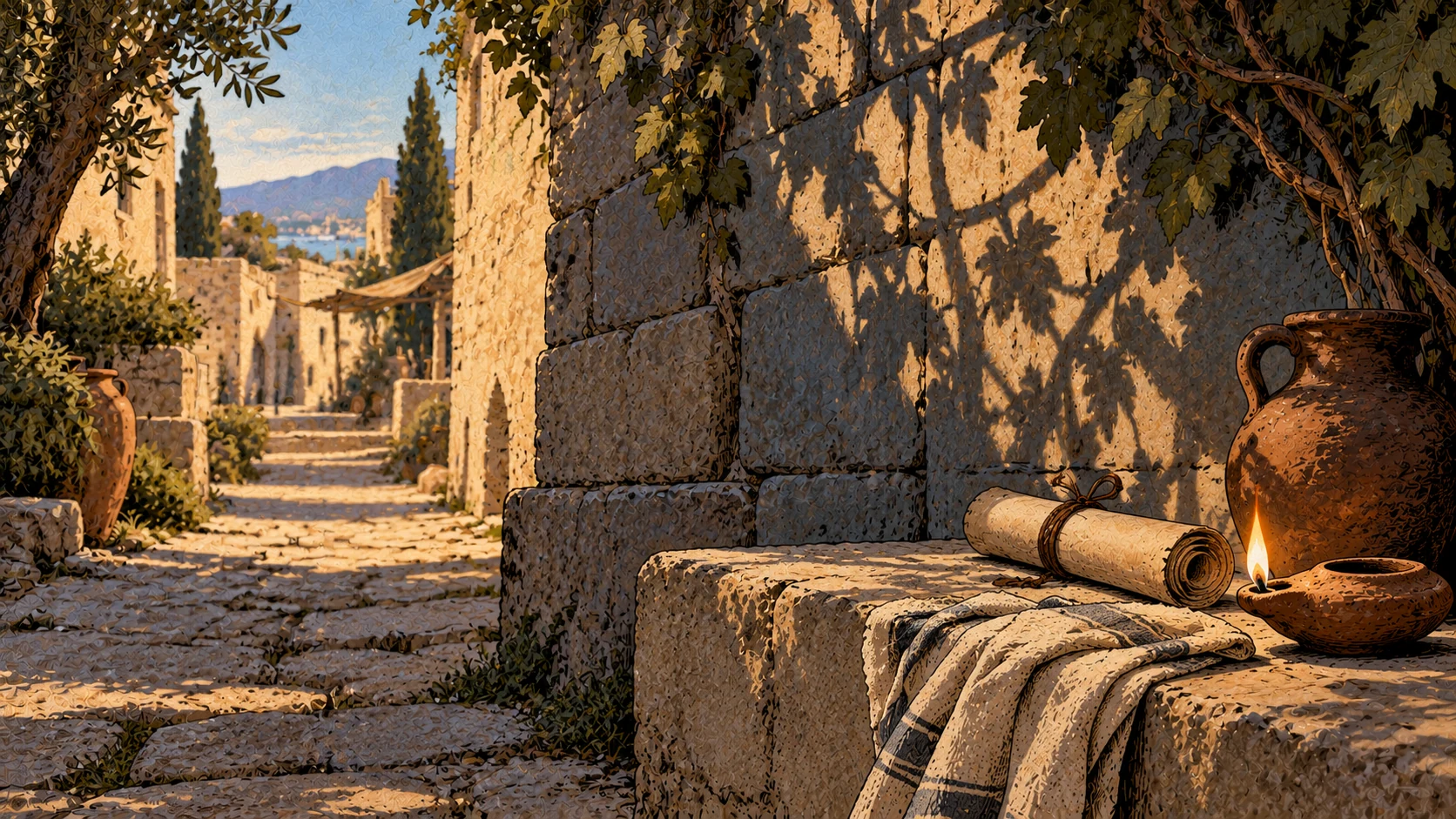 A clear stone path recedes beside a wall crossed by tangled leafy shadows, near a rolled scroll and lamp.