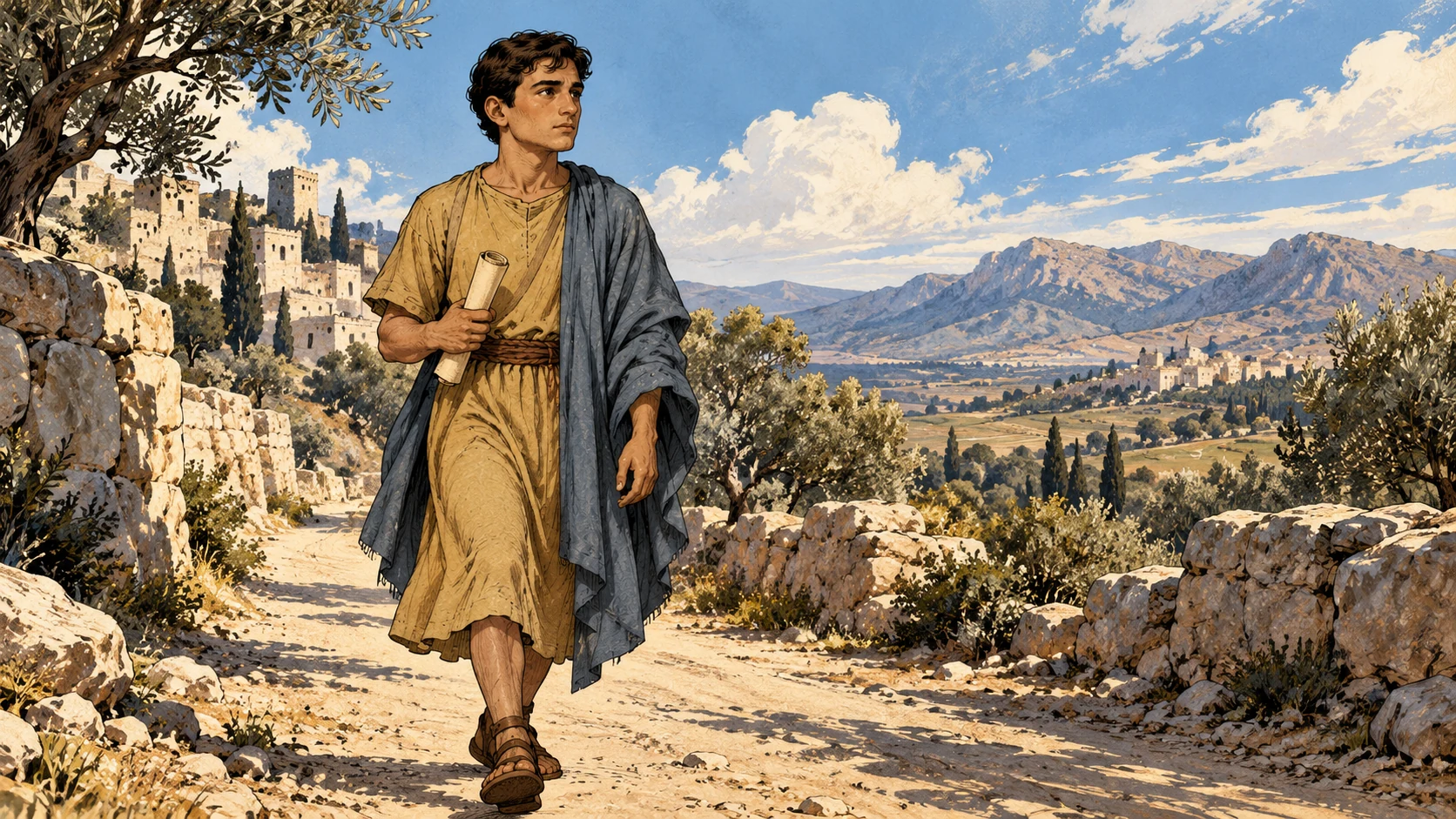 Timothy walks along a rough sunlit road carrying a rolled papyrus.